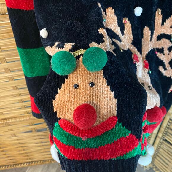 Vintage Berek Reindeer Chenille Holiday Sweater Christmas Embellished Medium - Picture 9 of 10